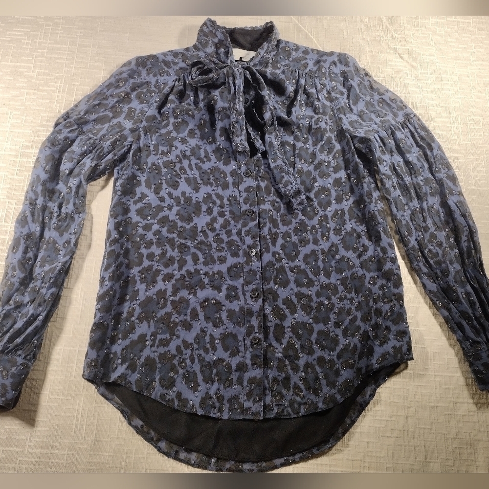 Kate Spade Leopard Clip Dot Bow Silk Blouse Long Sleeve Size XS